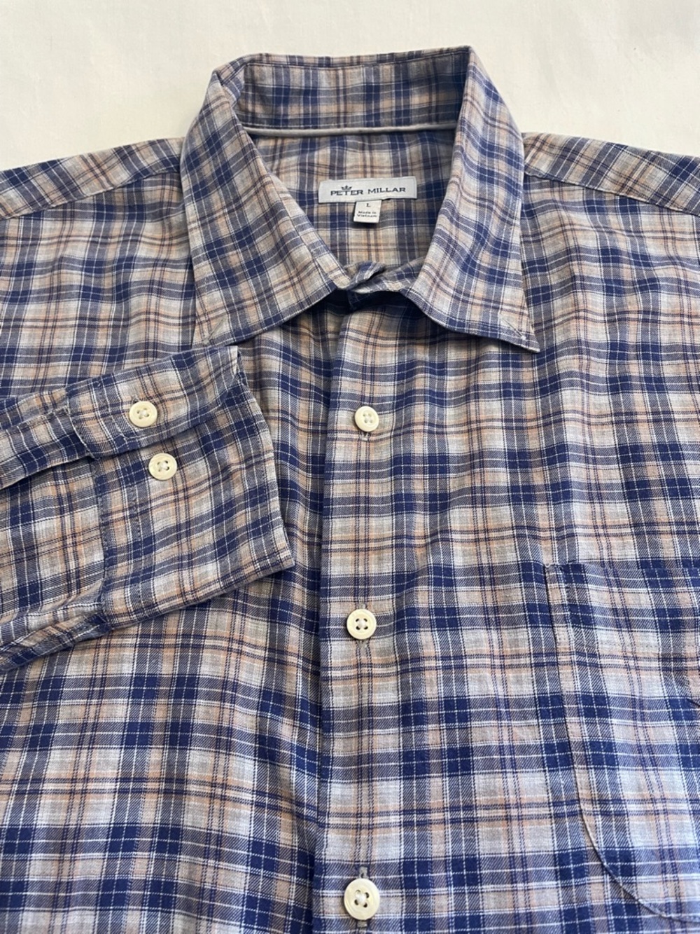 Peter Millar Performance Flannel Sport Shirt Blue/Tan Plaid Men’s Large